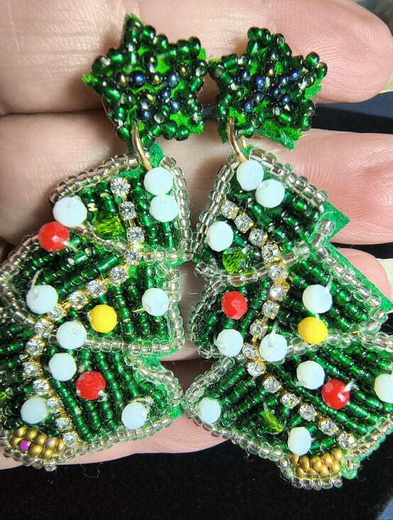Jewelry - Vintage Handmade Beaded Christmas Tree Earrings Rhinestone Glass Bead